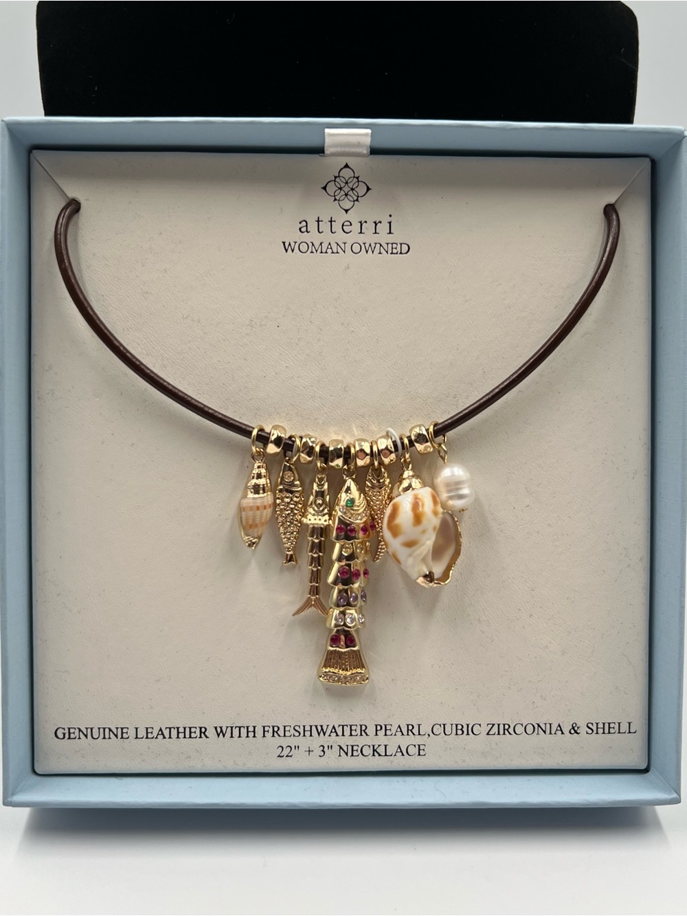 Atterri Genuine Leather Multi-Charm Nautical Statement Necklace NIB